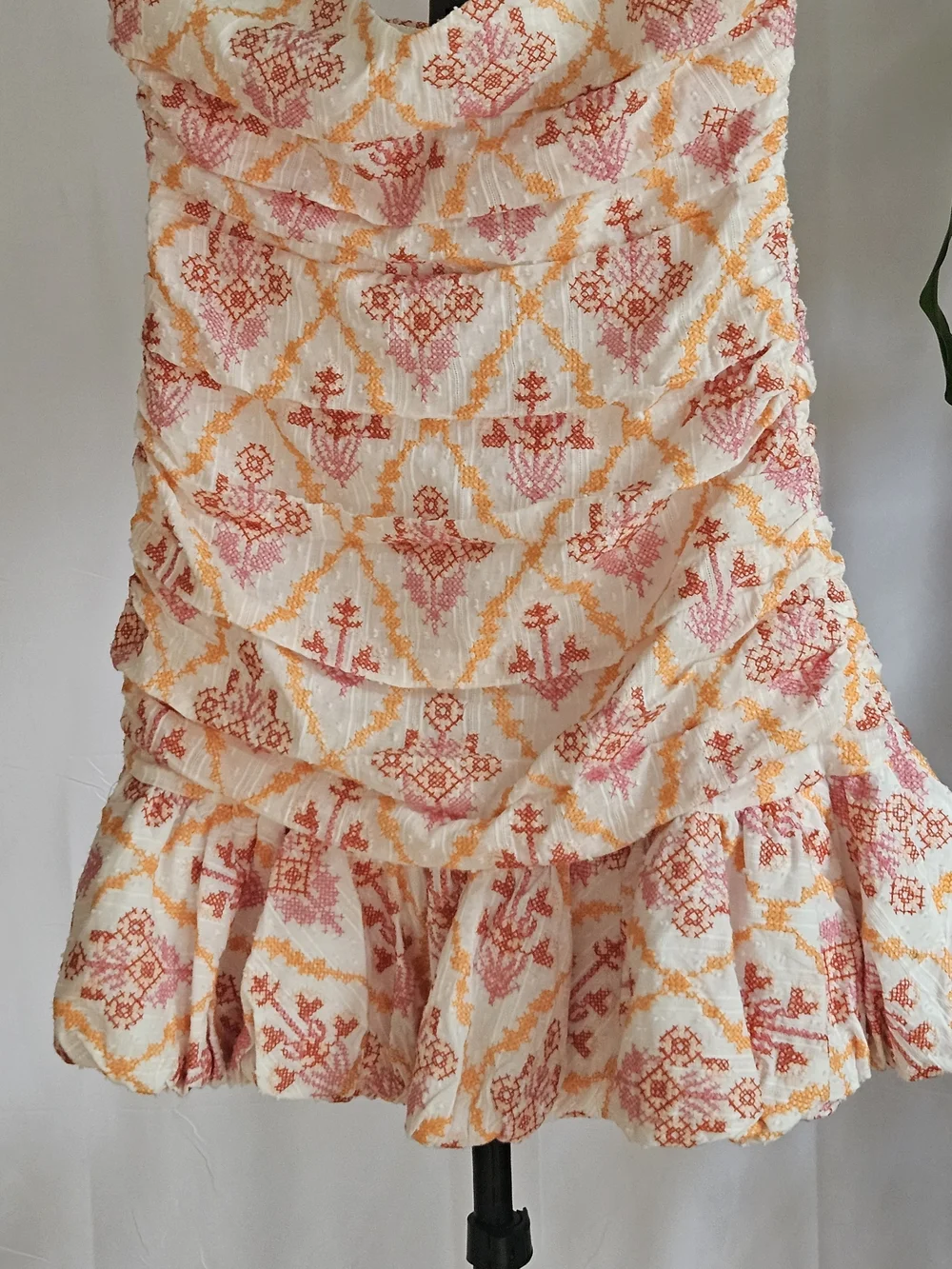 HELLO MOLLY Embroidered Strapless Ruched Mini Dress Size M Cotton Pink Orange - Picture 7 of 16